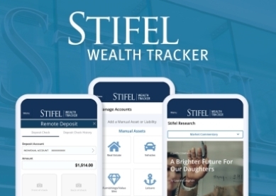 Stifel Wealth Tracker; Image of 3 cell phones with the wealth tracker features on them.